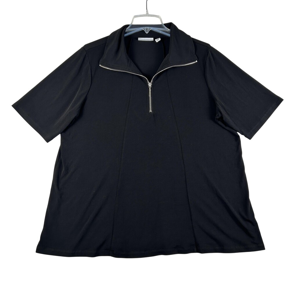 Susan Graver Polo Shirt Womens XLP Black Short Sleeve Half Zip Tunic Top Stretch
